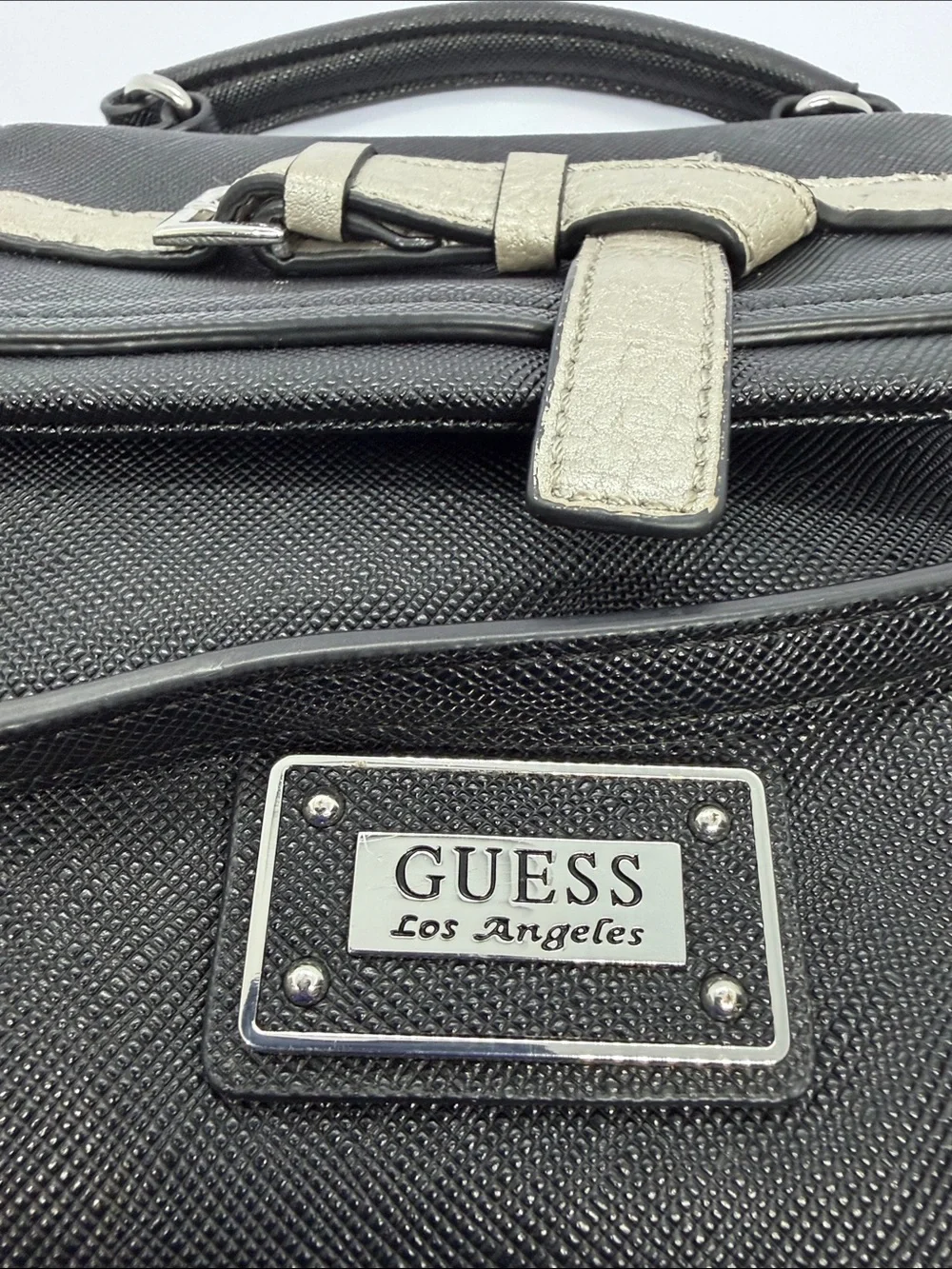 GUESS Black Satchel with Silver Metallic Strap Accent